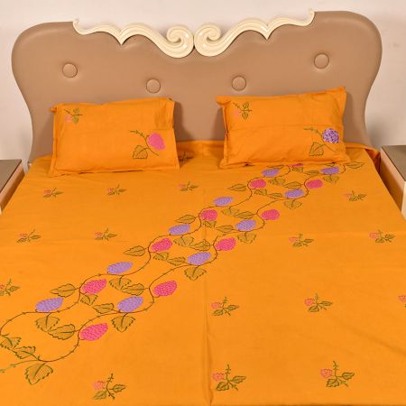 Orange Handmade Bed Sheet Linen with Pink & Purple Floral Design Beautiful Decorative Stylish