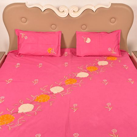 Pink Handmade Bed Sheet Linen with Yellow & White Floral Design Beautiful Decorative Stylish
