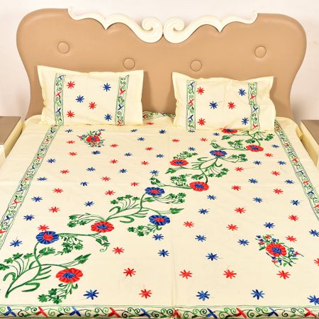 Cream Handmade Double Bed Sheet Linen with Multicolor Floral Design Beautiful Decorative Stylish