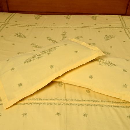 Yellow & Green Embroidered Bedsheet