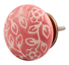 Old Pink Etched Flat Ceramic Cabinet Knob