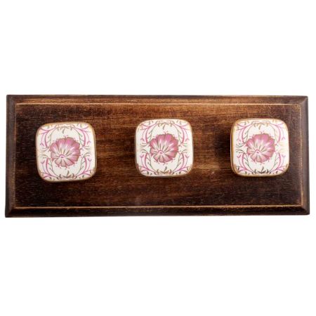 Pink Flower Square Ceramic Wooden Hooks