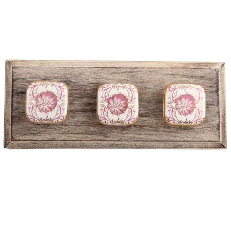Pink Flower Square Ceramic Wooden Hooks