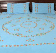 Pale Blue Cotton Embroidered Orange Flowers Double Bedsheet With Two matching Pillow Covers