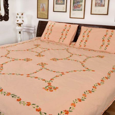 Peach Cotton Orange Petals Embroidered Double Bedsheet with Two Matching Pillow Case