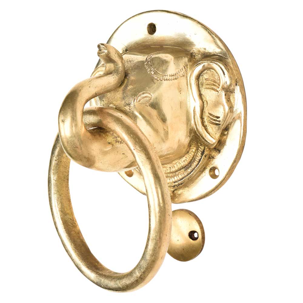 Indian Brass Elephant Head With Trunk Up Door Knocker Ring