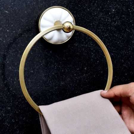 Handmade Brass and Ceramic Towel Ring Hanger in Golden Finish
