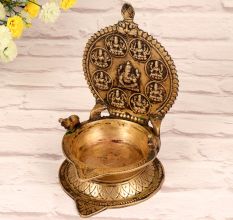 Vintage Brass Lakshmi Ganesha Oil Lamp in South Indian Art