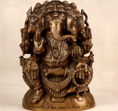 Handcrafted Brass Five Head Lord Ganesha Statue for Prayer Room