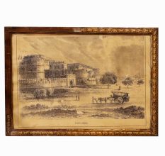 Vintage Charcoal Painting on Paper of Agra Fort for Hanging