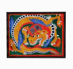 Used Paper Painting of Lion in Chinese Art in Wooden Frame