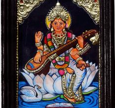 Tanjore Painting of Goddess Saraswati in Wooden Frame