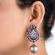 92.5 Sterling Silver Peacock Engraved Pink Tourmaline studded Ball Drop Earrings