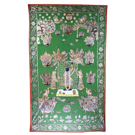 Hand-Painted Lord Krishna Pichwai Golconda Artwork on Cloth for Decor