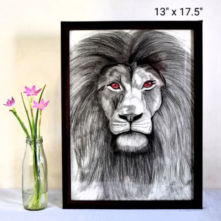 Fierce Lion Pencil Sketch on Paper by Artist Dimpana |13 x 17.5 Inches