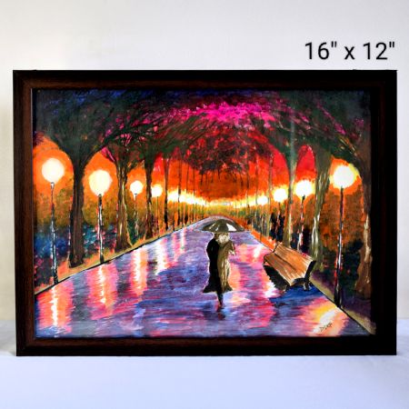 Rainy Night Walk Acrylic Painting on Paper by Artist Dimpana |16 x 12 Inches