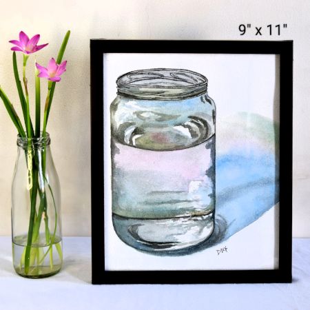 Glass Jar with Water Watercolor Painting on Paper by Artist Dimpana | 9 x 11 Inches