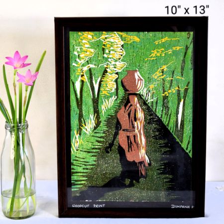 Lady with the Pot Woodcut Print on Paper by Artist Dimpana | 10 x 13 Inches