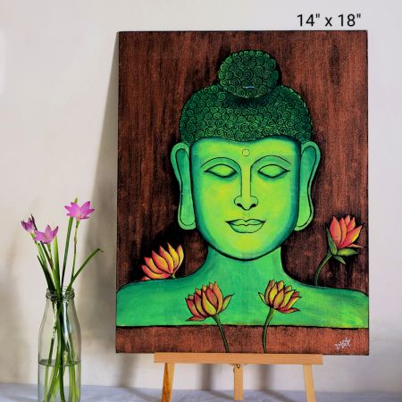 Buddha Green Acrylic on Canvas Board by Artist Dimpana | 14 x 18 Inches