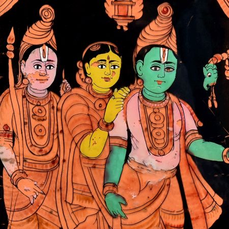 Glass Painting Of Rama Sita and Laxman in Yellow Colour