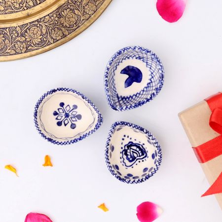 Designer Blue and White Ceramic Diwali Diya For Festival Decoration-Pack of 3