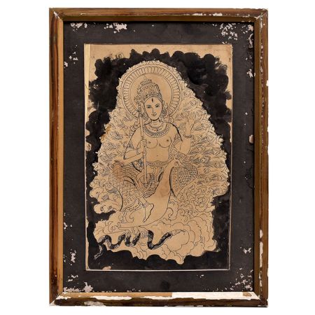 Vintage Charcoal Painting Of Goddess Saraswati On Peacock From Bangal