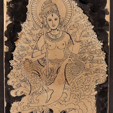Vintage Charcoal Painting Of Goddess Saraswati On Peacock From Bangal
