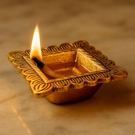 Brass Engraved Square Oil Lamp Diya For Mandir