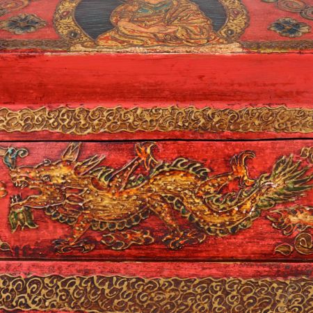 Handmade Red Wooden Box with Buddha & Dragon Motifs | Hand-Painted Storage Chest