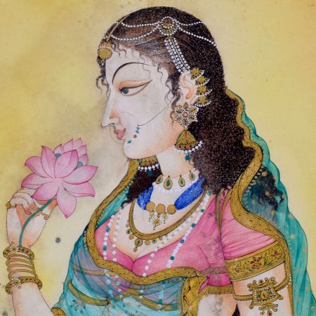Watercolor Paper Painting of Indian Lady with Lotus