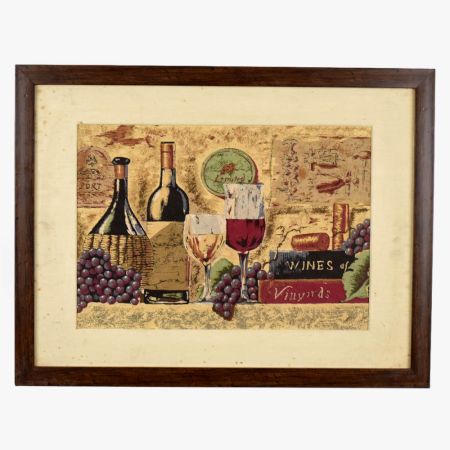 Vintage Cloth Painting on Hardboard of Wine Bottles and Grapes