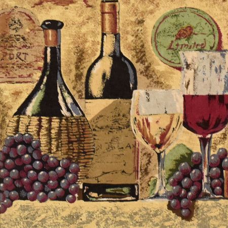 Vintage Cloth Painting on Hardboard of Wine Bottles and Grapes