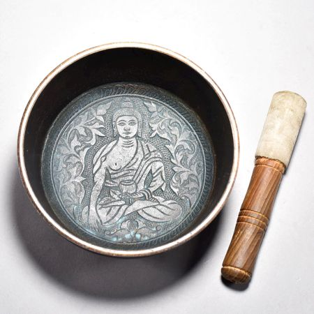 Buddha Carved Tibetan Singing Bowl with Wooden Striker