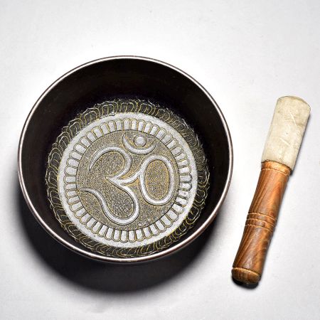 Om Carved Tibetan Singing Om Bowl with Wooden Striker