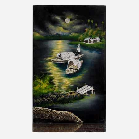 Vintage Velvet Painting on Hardboard Moonlit River Scene with Boats