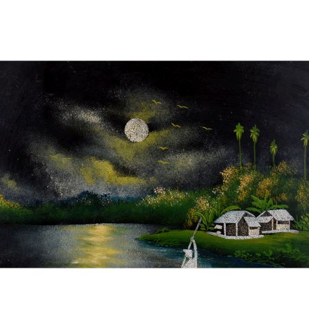 Vintage Velvet Painting on Hardboard Moonlit River Scene with Boats