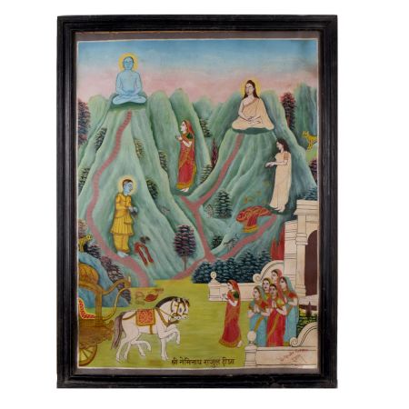 Traditional Jain Paper Painting with Watercolors Depicting Spiritual Journey