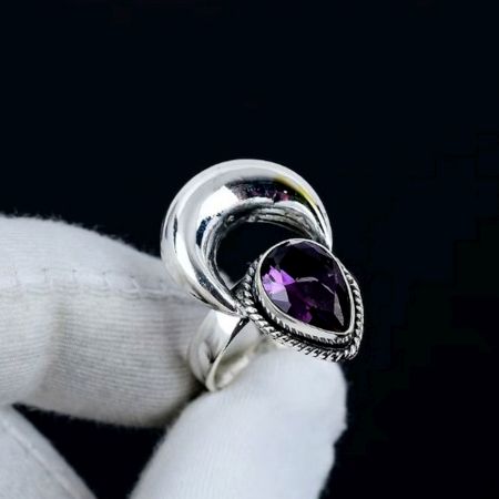 Crescent Moon Amethyst 925 Sterling Silver Ring Handmade Boho Jewelry