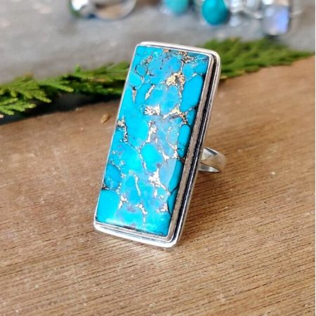 Blue Copper Turquoise Cabochon 925 Sterling Silver Ring Handmade Boho Jewelry