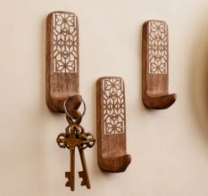 3 Pieces Wooden Handmade Brown And White Adhesive Wall Hooks