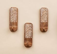 3 Pieces Brown And White Decorative Wooden Adhesive Wall Hooks