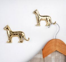 2 Pieces Decorative Handmade Golden Leopard Design Brass Wall Hook