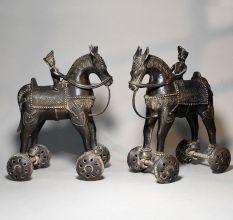 Vintage Brass Horse Rider Rolling Toy Figurine Pair